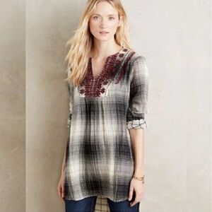 FLOREAT Anthropologie Women’s Embroidered Beaded Gauze Tunic Shirt Sz Large
